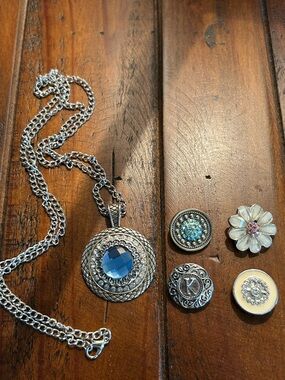 Silver Pendant Necklace with Blue Gem and Decorative Button Charms